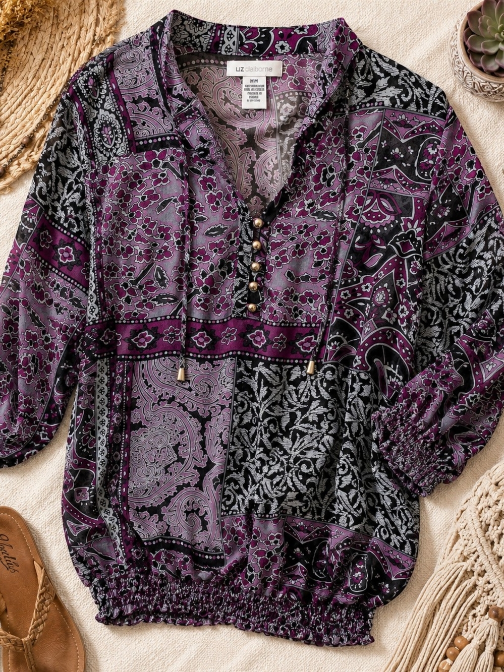 Liz Claiborne Boho Paisley Peasant Blouse M
